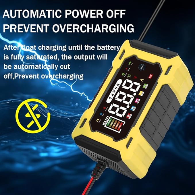 6-Amp 12V Smart Car Battery Charger, Battery Maintainer Trickle Charger with Desulfator, Pulse Repair & Overcharge Protection - for Car Lawn Mower Marine Lead-Acid Batteries (Yellow)