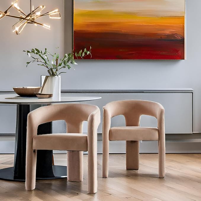 Modern Barrel Dining Chairs Set of 8, Velvet Upholstered Accent Side Chair with Arms Comfy Makeup Vanity Chairs, Dining Living Room Kitchen Chairs, Khaki