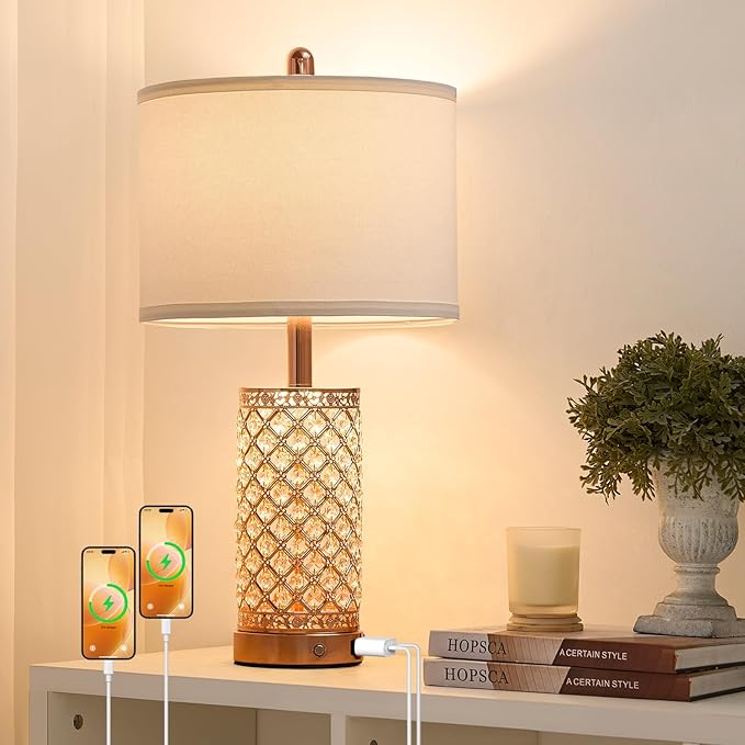 Crystal Table Lamps Modern 3-Way Dimmable Bedside Lamp with 2 USB Ports & AC Outlets for Living Room Bedroom Nightstand Lamp Night Light (Rose Gold-2 Pack 24In)