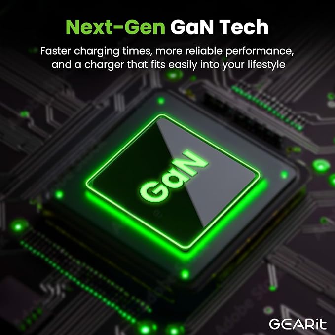GEARit 65W GaN Charger Retractable USB C Cable + 2 Ports Digital Display | Retractable USB-C wall charger for iPhone Samsung Galaxy Watch earbuds. Foldable plug GaN fast charge wattage display