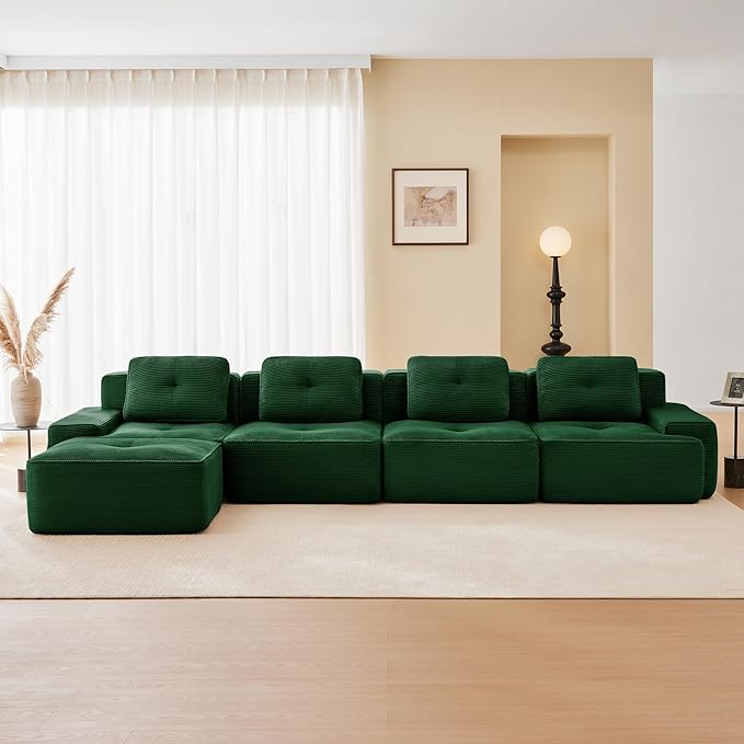 150.4'' Sectional Sofa, 32D Foam Corduroy Boneless Couch with Pillow, Deep Seat Wide Arm Sectional L Shaped Couch for Living Room, Apartment, Bedroom