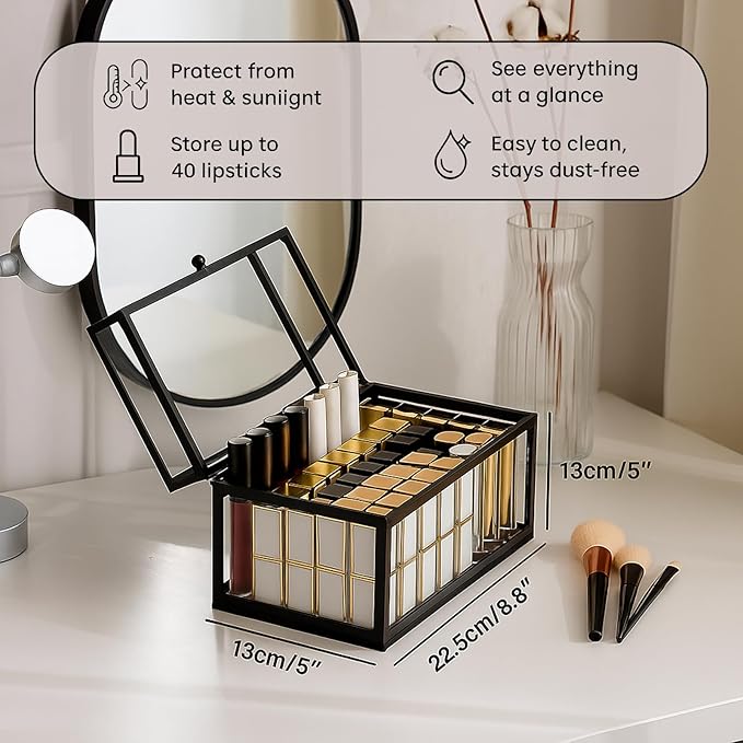 40 Lipsticks Organizer with Lid, Glass Display Box Fits Large Perfume & Skincare, Easy-Access Organiser for Vanity Countertop, Multifunctional Display Box in Any Rooms
