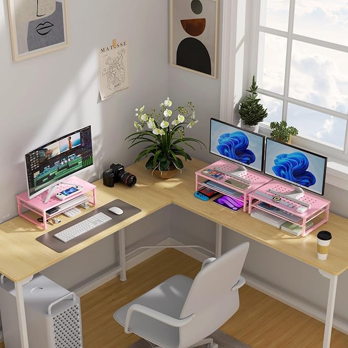 Gianotter 2-Tier Metal Monitor Stand Riser, Workspace Organizer with Desk Accessories, Office Storage for Supplies (Pink)