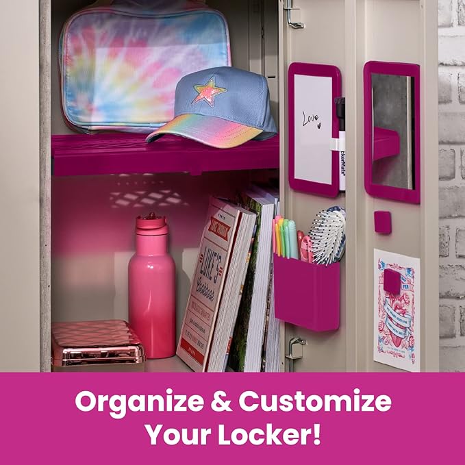 LockerMate 6-Piece Locker Organizer Kit, Includes Mirror, Whiteboard, Storage Cup & Dry Erase Marker, Pink
