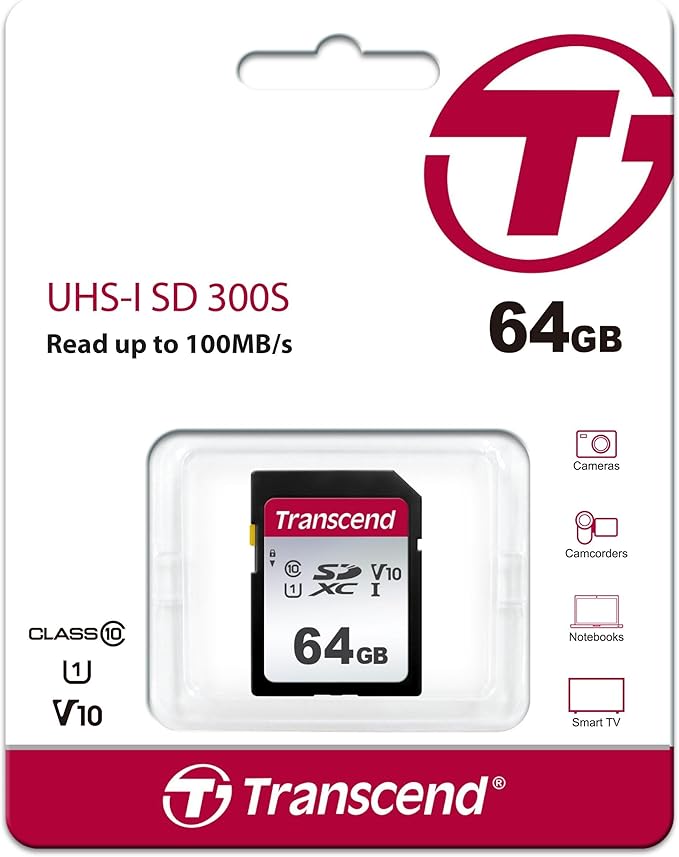 Transcend SDC300S 64GB SDXC Memory Card, Up to 100MB/s, UHS-I U1 V10, Full HD, Class 10 High-Speed SD Card for Canon, Nikon, Sony, Pentax, Kodak, Olympus, Panasonic Digital Cameras