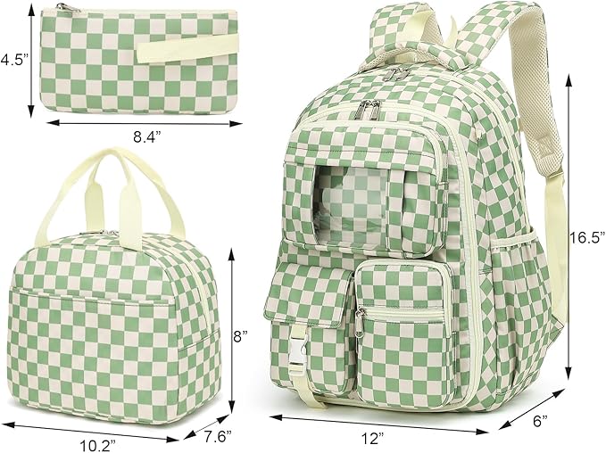 Girls School Backpack Set - Teens Kids School Bag Bookbag with Lunch Box Pencil Case for Elementary Middle School (Checkered Green)