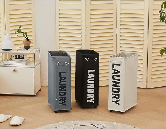 DOKEHOM 25-Inches Slim Laundry Basket on Wheels, Collapsible Rolling Laundry Hamper, Foldable Narrow Corner Clothes Storage Bins (Black)