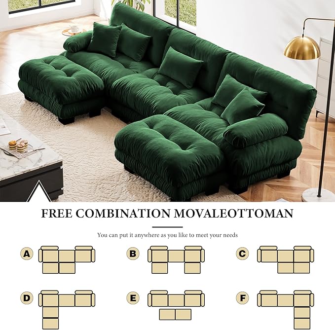 133.8" Oversized Couch, 3 Seater Modular Sectional Sofa, Green Large U Shaped Sectional Couches for Living Room, Fluffy Chenille Fabric Cloud Couch with 2 Ottomans, Deep Seat Sofas