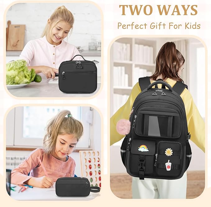 School Backpack for Girls - 5pcs Cute Girls Backpack with Lunch Box for Teens Kids Elementary Middle School - 17″ Students Bookbag Travel Back Pack for Age 6-18