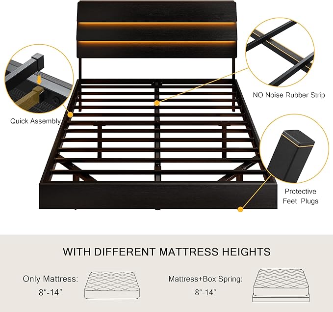 Floating Bed Frame Full Size with Led Headboard and Charging Station, Metal Platform Bed Base with Storage, Remote Control, Heavy Slats Support, No Box Spring Needed, Noise Free, Black