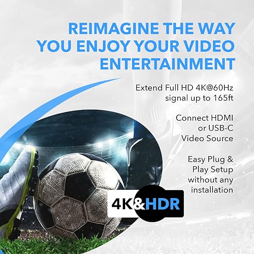 OREI 4K HDMI/USB-C Extender, Over Single Cat6/Cat7 Cable Wall Plate Transmitter 4K @ 60Hz UltraHD with HDR & IR Control - Up to 165 ft