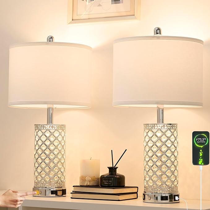 Crystal Table Lamps Set of 2, 3-Way Dimmable Bedside Lamp with 2 USB Ports & AC Outlets for Living Room Bedroom Nightstand Lamp Night Light (Silver- 2 Pack 24In)