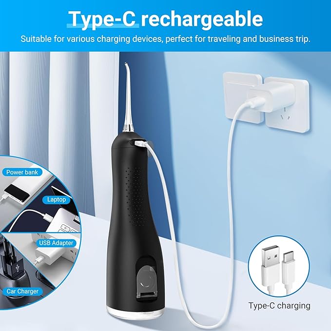 R REVA Portable Water Flosser for Teeth - 4 Modes Cordless Oral Irrigator with 300ML Tank, 360° Rotating Nozzle, 4 Jet Tips, Rechargeable, IPX7 Waterproof, Low Noise Gravity Ball Design (M159 - Black)