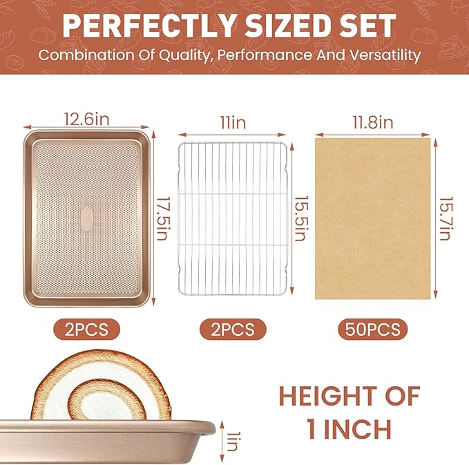 SEIION 2 Pack Baking Sheets with 2 Wire Racks & 50 Pre-Cut Parchment Papers | Heavy Duty Nonstick Cookie Pans (17.5"x11.8") | Warp-Resistant Oven Roasting Set for Meal Prep & Holiday Gifts