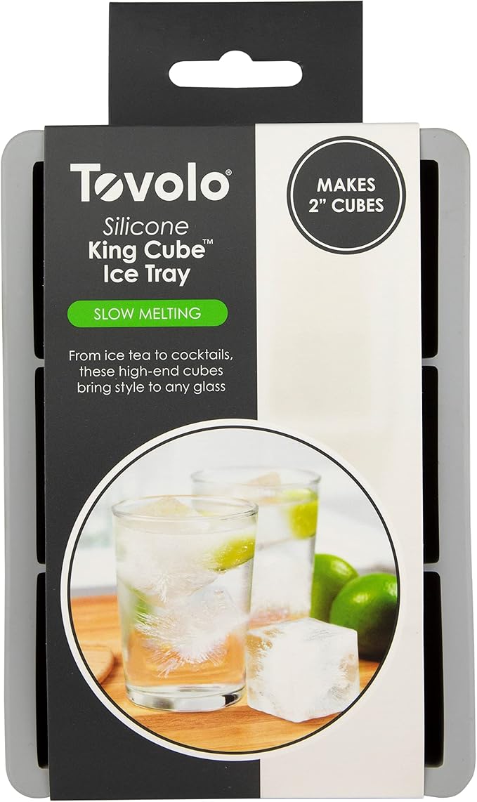 Tovolo Large 2” King Cube Ice Tray Oyster Gray Ice Cube Trays for Whiskey Cocktails Smoothies, Big Square Ice Cube Mold Silicone Freezer Tray for Perfect Rock Cubes BPA Free Dishwasher Safe