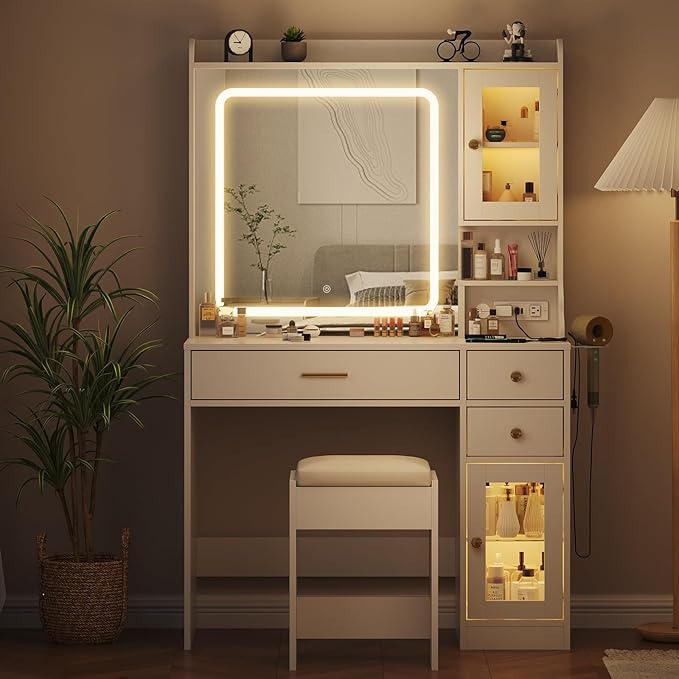 Vabches Makeup Vanity Desk with LED Mirror and Lights,Vanity Table Set with Charging Station,Dressing Table with RGB Cabinets,Bedroom Vanity for Women,Girls
