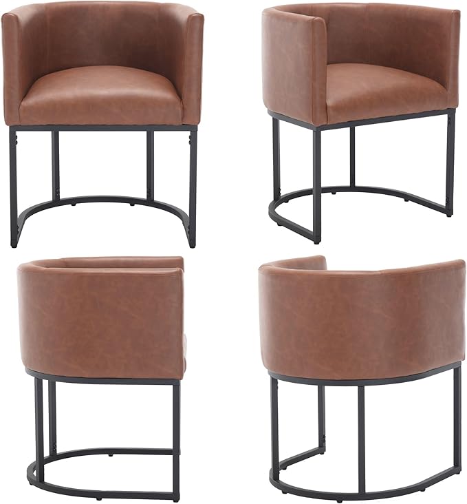 Faux Leather Dining Chair Modern Barrel Arm Chairs with Black Metal Frame, Upholstered Kitchen Chairs 18.5" Wide Accent Chair for Living Room Dining Room Restaurant, Brown