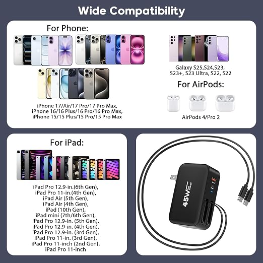 4 in 1 Retractable Wall Charger Dual USB C Cable Plug45W USBC Fast Retractable iPhone Charger Foldable Block Dual Port(USB C+USB A) with Dual USB C Cable Fast Charger for iPhone 17/16/15iPad Pro/Air