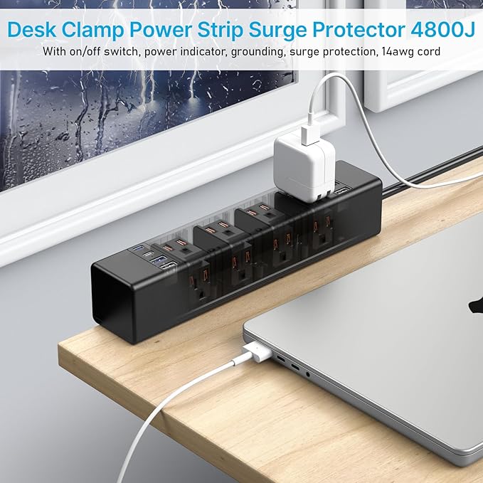 CCCEI Desk Outlet Station 45W USB C Port. 12 Outlet Desktop Clamp Power Strip Surge Protector 4800J with Switch. Nightstand Office Standing Desk Accessories Fit Thicker Table Edge or Screw Mount, 10FT