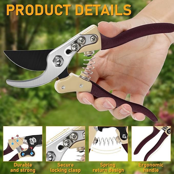 Heavy Duty Pruning Shears,Garden Scissors & Clippers with Red-BIDMLI 8.66" SK5 Steel Blades & Aluminum Alloy Handles, Tree Branch Cutter, Ideal for Thick Branches, Dry Twigs, Flower Pruning Tool.
