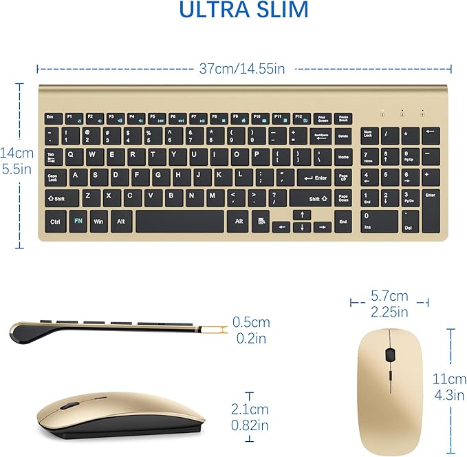 Wireless Keyboard and Mouse Ultra Slim Combo, TopMate 2.4G Silent Compact USB 2400DPI Mouse and Scissor Switch Keyboard Set with Cover, Batteries Included, for PC/Laptop/Windows/Mac - Gold Black