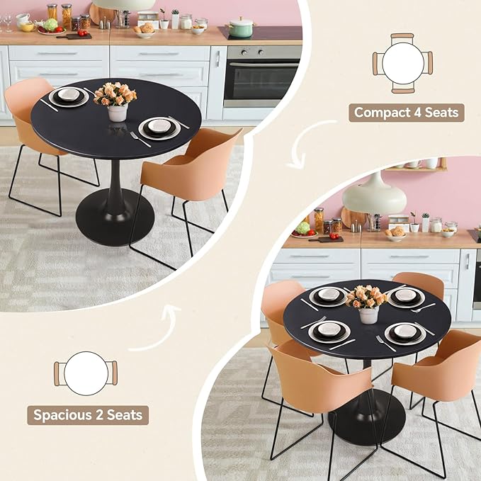 Small Space 31.5 Inch Black Round Tulip Dining Table - Modern Pedestal Base Kitchen Table for 2-4 People - Easy Assembly & Easy to Clean