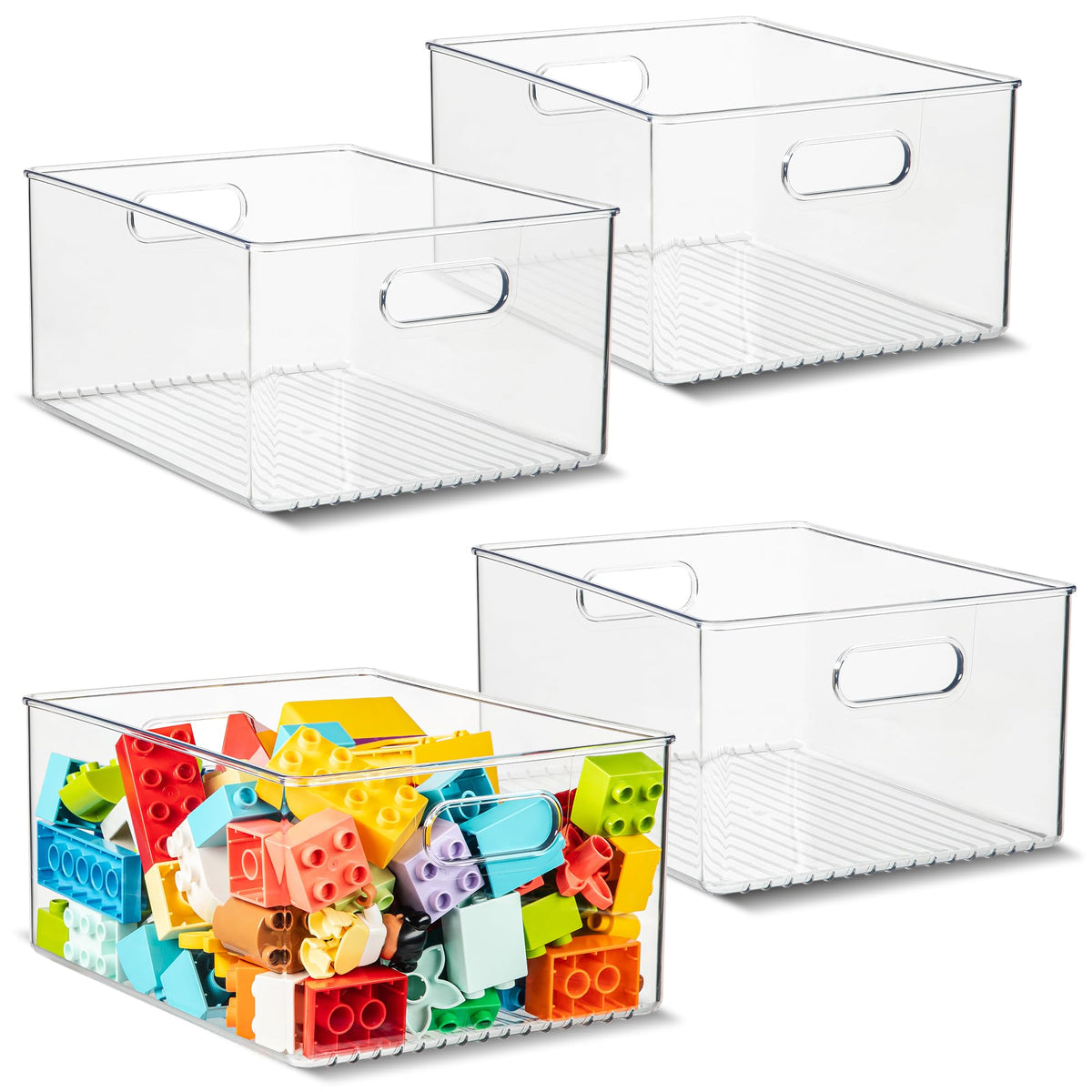 Plastic Food Storage 2 Pack Clear Container Bin with Handles for Organizing Kitchen, Pantry, Refrigerator, Freezer, Pantry, Cabinet, Closet, Bathroom. 16”x8”x5”