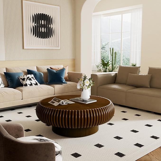 Round Drum Coffee Table for Living Room, Mid Century Modern Coffee Table with Sturdy Pedestal, Farmhouse Fluted Circle Center Table Accent Tea Table for Apartment (31.5" Walnut)