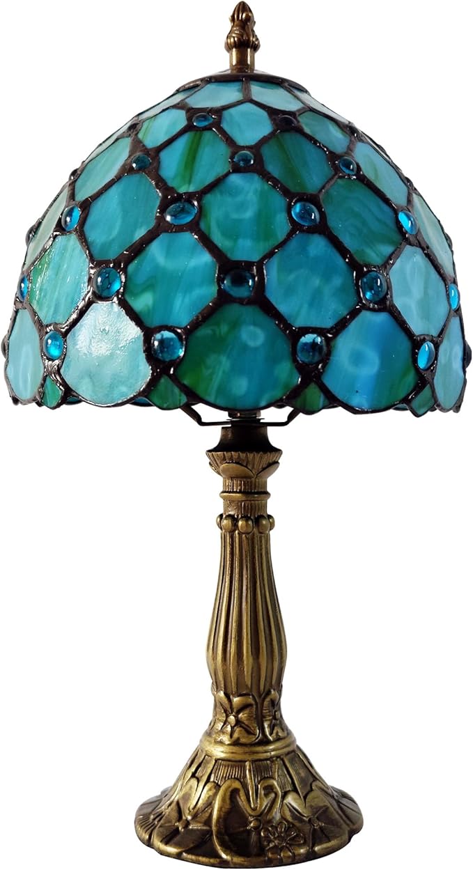 Small Tiffany Table Lamp 8 Inch Tiffany Style Desk Lamp Stained Glass Antique Light Bedroom Bedside Lamp Retro Reading Lamps (Green Pearls Style)