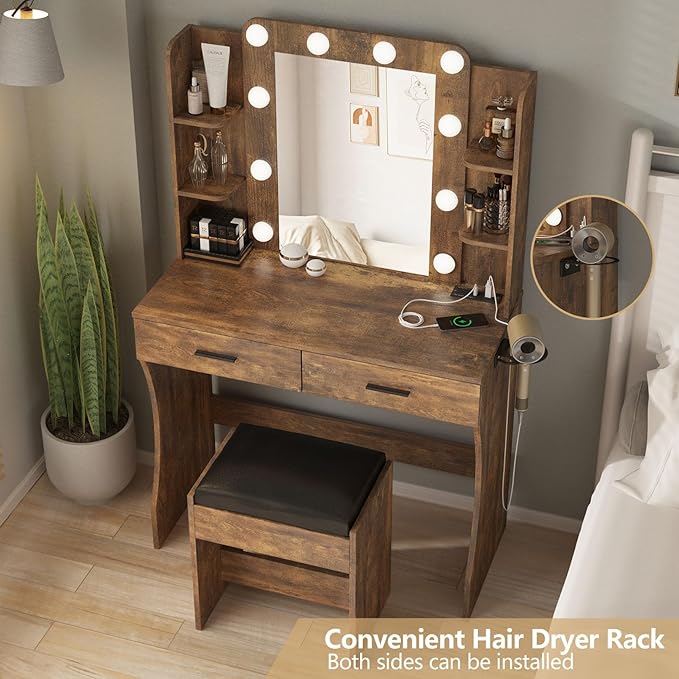 Vabches Vanity Desk with Lights,Makeup Vanity with Power Strip,Dressing Table Set with 2 Large Drawers,Vanity Mirror 3 Lighting Color Adjustable,Rustic Brown