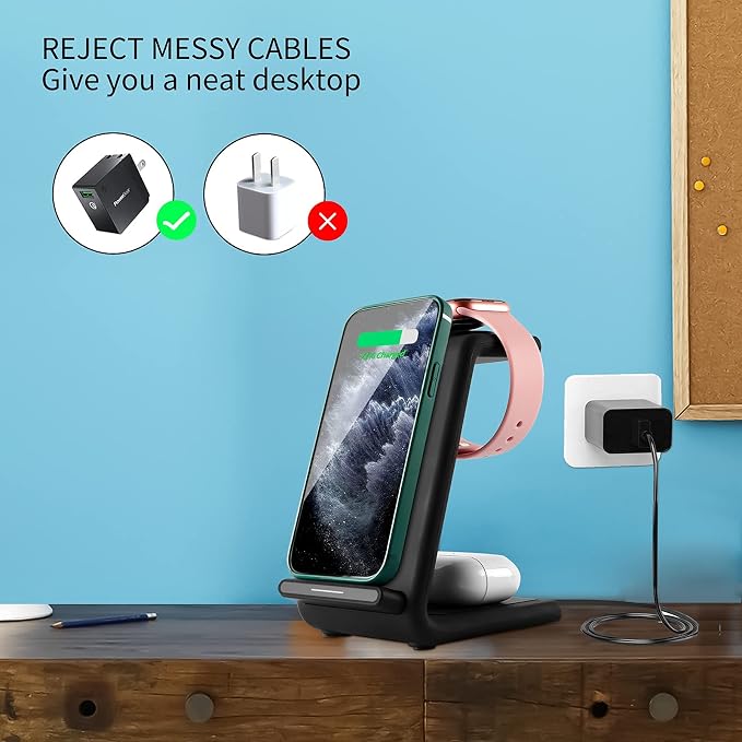 Wireless Charger 3 in 1 Fast Wireless Charger Station for iWatch Series & Earphones Wireless Charging Stand Dock Pad Compatible with iPhone 12 11 Pro Xs X Xr 8 Enabled Phone