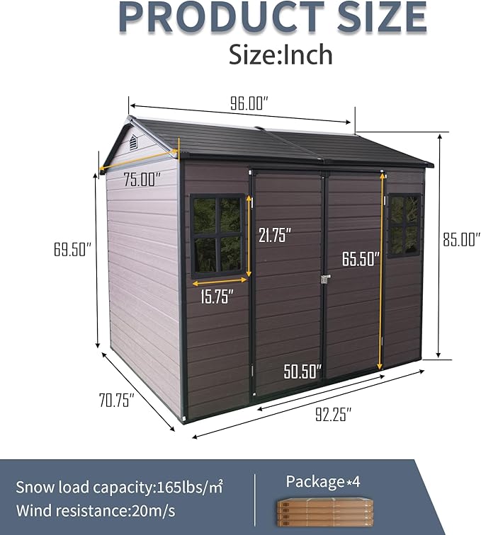 8x6 FT Outdoor Storage Resin Shed with Floor, Waterproof Plastic Garden Tool Shed with Windows, Vents & Lockable Door and Sloped Roof, Easy to Assemble Bike Shed for Patio, Backyard, Lawn, Brown
