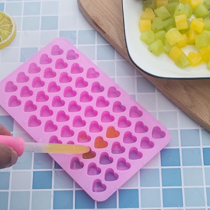 Vpqnee 3 Pack Mini Silicone Gummy Candy Chocolate Molds Contains Small Hearts, Fruits, Marine Animal Shapes and 2 Droppers for Making Gummy, Candy, Chocolate and Small Ice Cubes