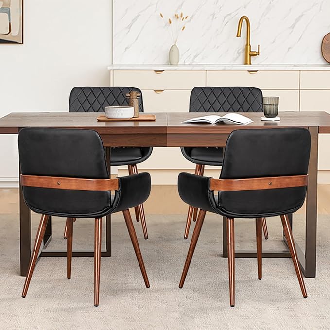 LUNLING Mid Century Modern Faux Leather Dining Chairs Set of 4,Black,Upholstered Seat,Metal Legs,Adjustable Foot for Kitchen Dining Room Desk Chairs