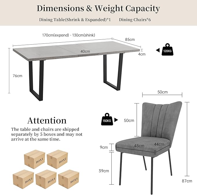 ZckyCine Modern Mid-Century Dining Table Set for 6-8 People Kitchen Dining Room Table Set Extendable Wood Dining Table and 6 Upholstered Chairs, Home Kitchen Furniture