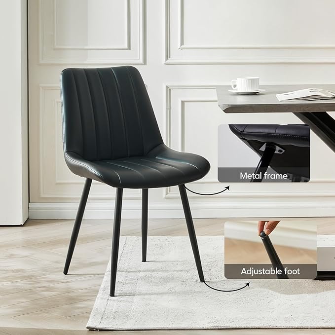 Dining Chairs Set of 2, Faux Leather Modern Linear Design Dining Chair with Metal Legs, 16.9" Seat Width Chair for Kitchen, Lounge, Reception Room, Restaurant, Commercial (Black)