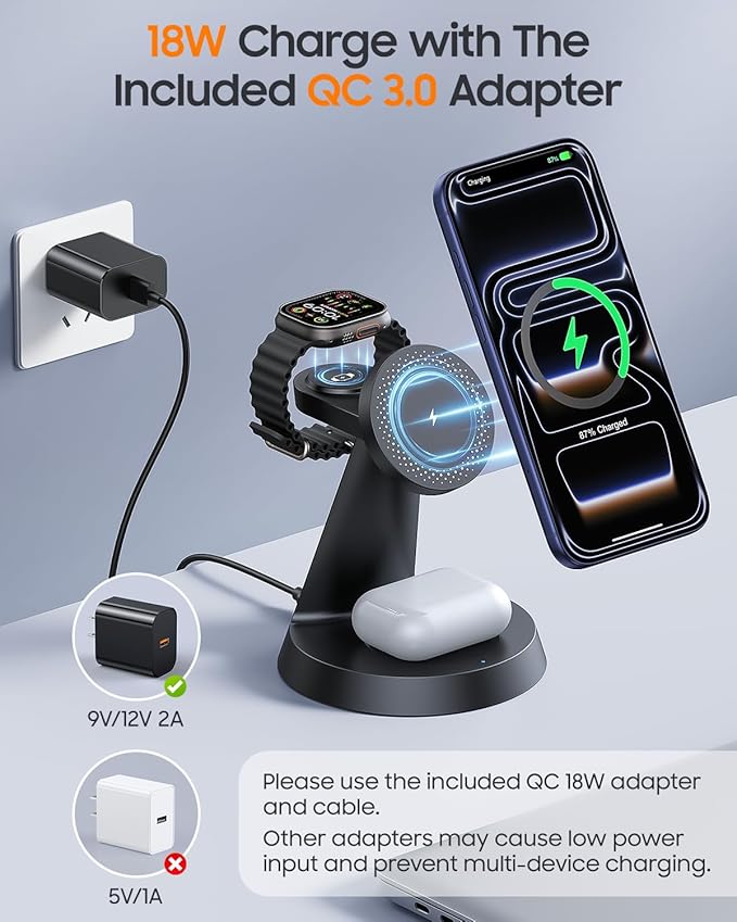 3 in 1 Magnetic Charging Station for Apple Devices, 15W Fast Wireless Charger Compatible with MagSafe Charging Stand Dock for iPhone 17 16 15 14 13 12, Watch Charger Stand for Apple Watch & Earbuds