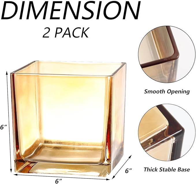 Square Amber Glass Vases Set of 2, 6" x 6" x 6" Square Vase for Centerpieces, Flower Vases for Centerpieces, Small Vase for Wedding, Party, Home Office Decoration
