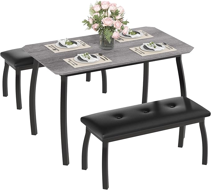 GAOMON Dining Table Set for 4, Metal Frame Kitchen, 3 Piece Dining Room Table Furniture for Apartment, Studio, Home, Easy Assembly, Grey