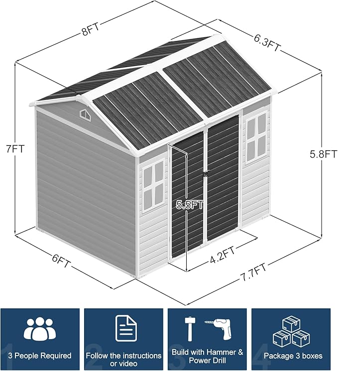 8x6 FT Resin Storage Sheds with Floor Waterproof Outdoor Shed Kit, Outside Plastic Sheds with 2 Windows for Backyard Garden Patio Lawn Tools