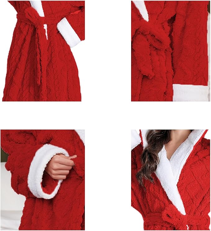 LKG women's robes long plush hooded ladies shower luxury christmas warm fuzzy robes house coat bathrobe for women full length