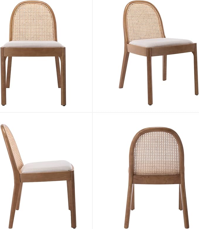 HEAH-YO Rattan Dining Chairs Set of 4, Upholstered Linen Dining Room Chairs with Backrests, Modern Kitchen Chairs with Wood Legs for Dining Room, Beige