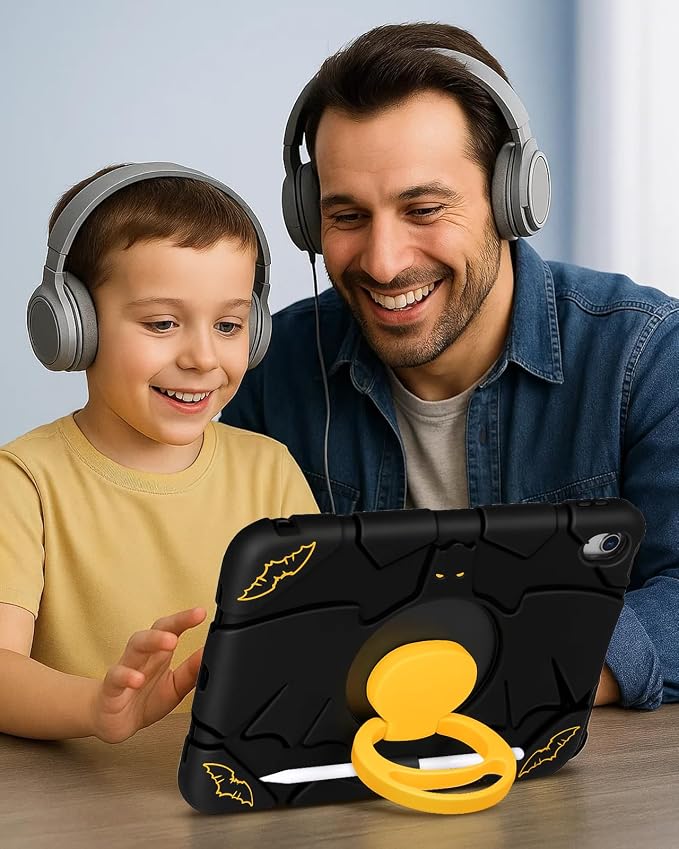 for iPad 10th Generation Case 10.9 Inch for iPad A16 Case 11th Generation - Boys Men Cute Cartoon Black Heavy Duty Shockproof Rugged Protective Cover with Rotating Stand & Strap & Pen Holder