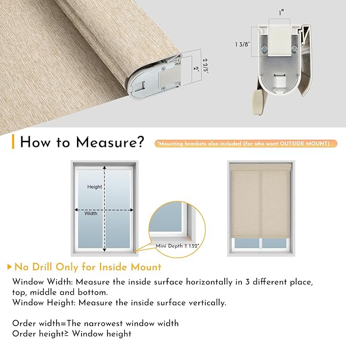 Persilux Smart Motorized Blinds with Remote, No Drill Automatic Roller Shades for Indoor Windows, Light Filtering Linen Fabric, Electric Blinds for Windows, Nature Khaki C25-3, Custom Size