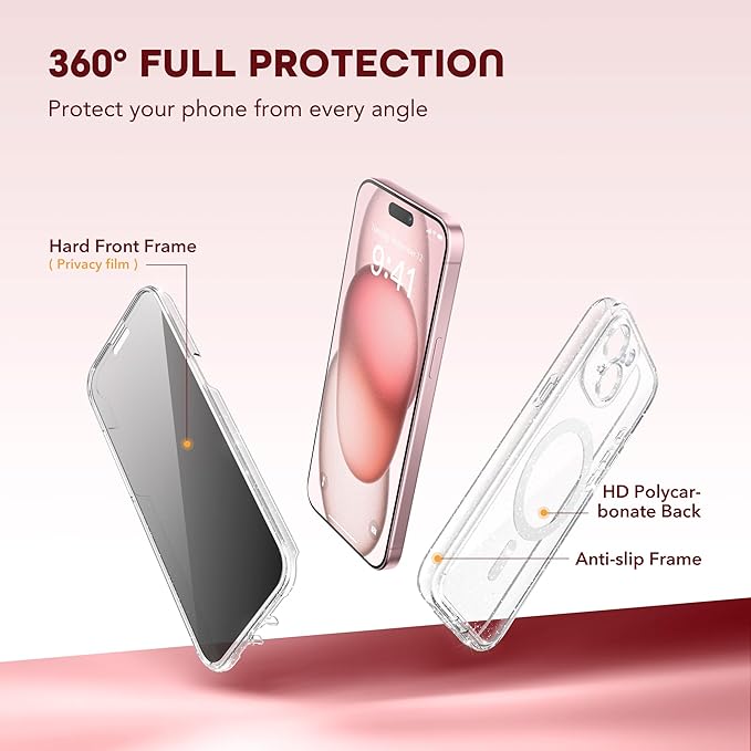 Magnetic for iPhone 15 Plus Case, Compatible with MagSafe, Built-in Privacy Screen Protector and Camera Protection, Anti Spy Full Body Dustproof Shockproof Hard Phone Case 6.7", Shiny Clear