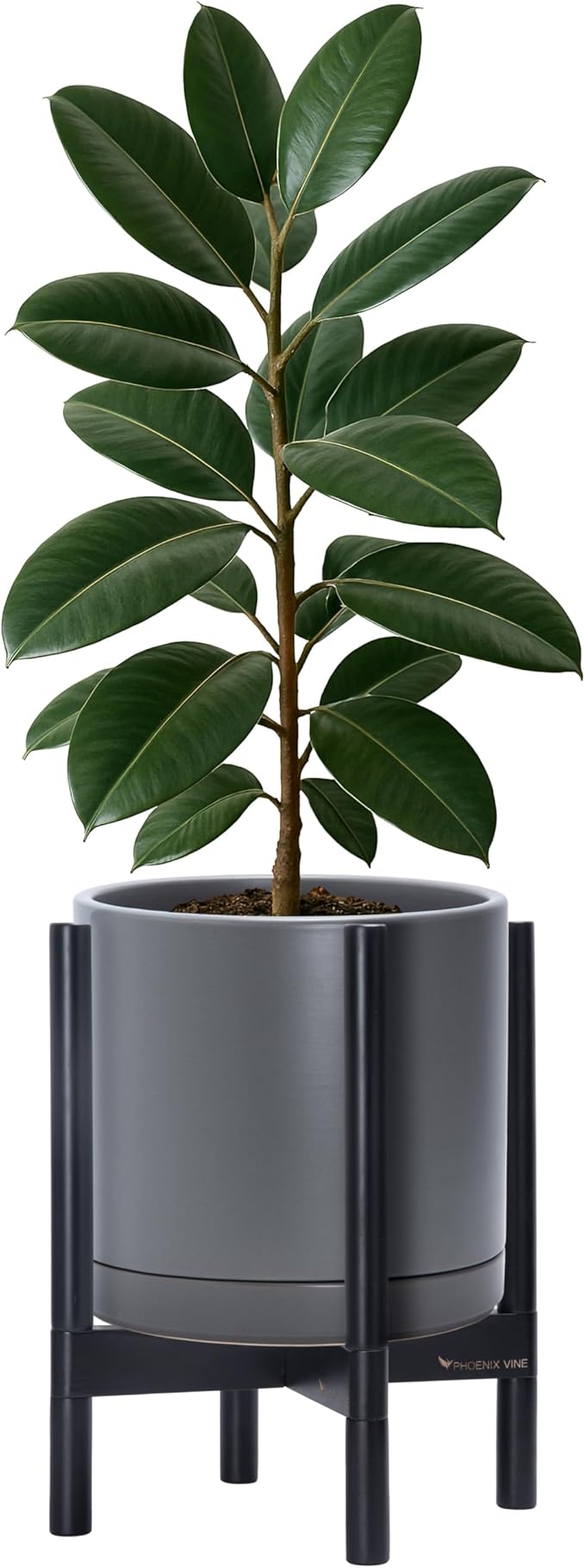 D'vine Dev Ceramic Planter with Ebony Stand - 12 Inch Modern Round Flower Pot with Wood Planter Holder, Grey, 55-B-H-3