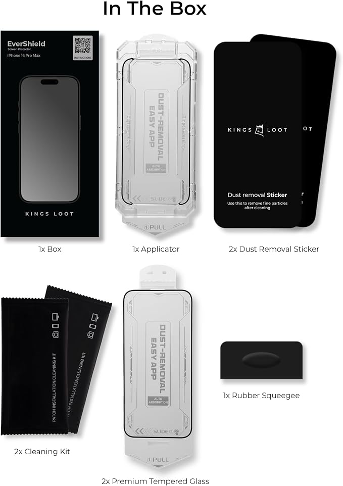 Kings Loot EverShield Screen Protector for iPhone 14 Pro Max | Premium 2-Pack Tempered Glass | Bubble-Free Alignment Applicator | Anti-Glare Ultra-Clear Protection | Reinforced Edge Defense