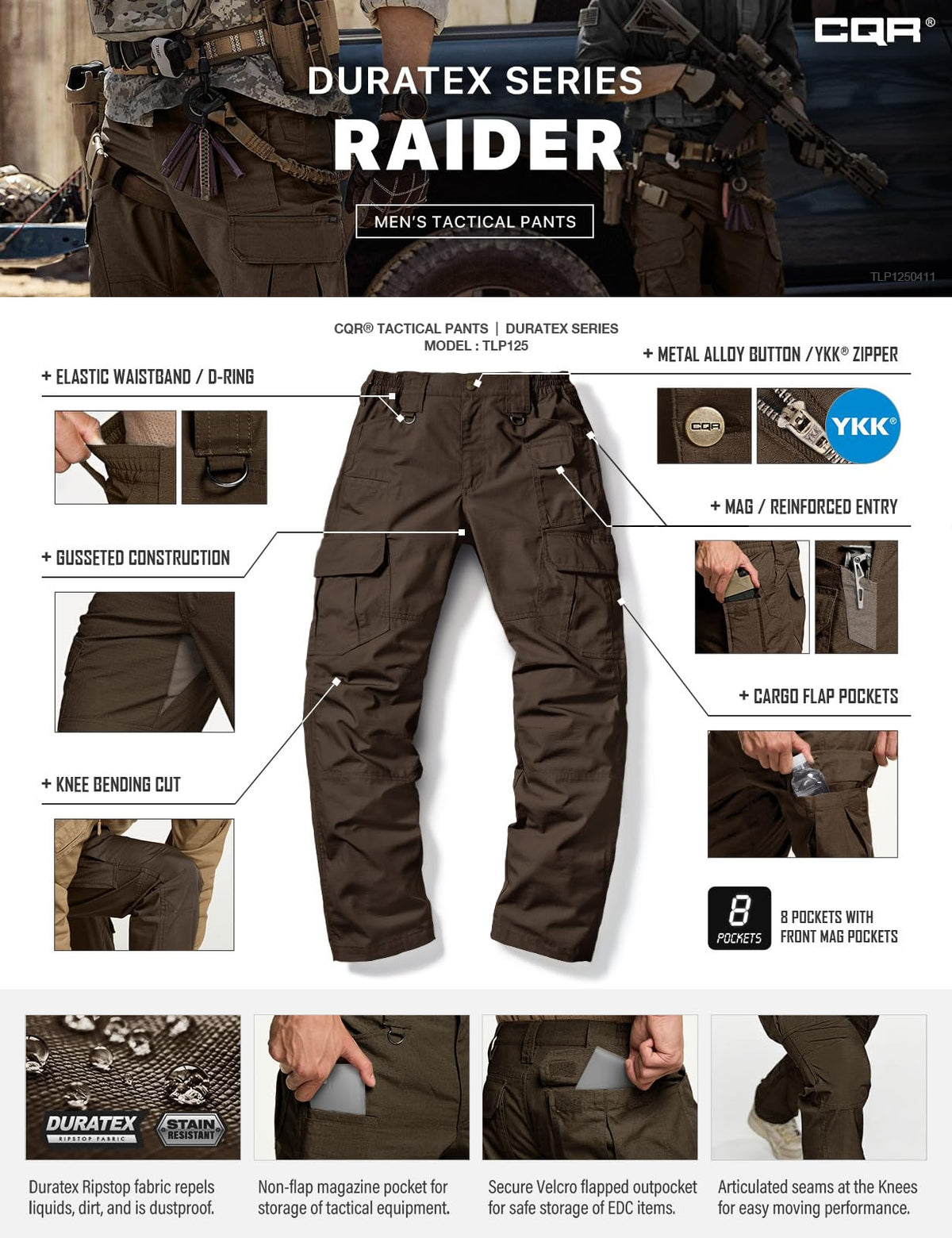 CQR Men's Tactical Pants, Water Resistant Ripstop Cargo Pants, Lightweight EDC Work Hiking Pants, Outdoor Apparel, Duratex Mag Pocket Dark Brown, 30W x 30L