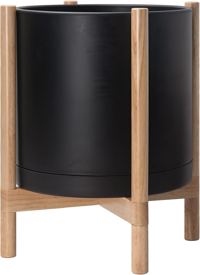 D'vine Dev Planter Pot with Stand - 16 Inch Plastic Cylinder Flower Pot with Wood Planter Holder for Indoor, Matte Black Pot + Natural Stand, 55-C-Y-2