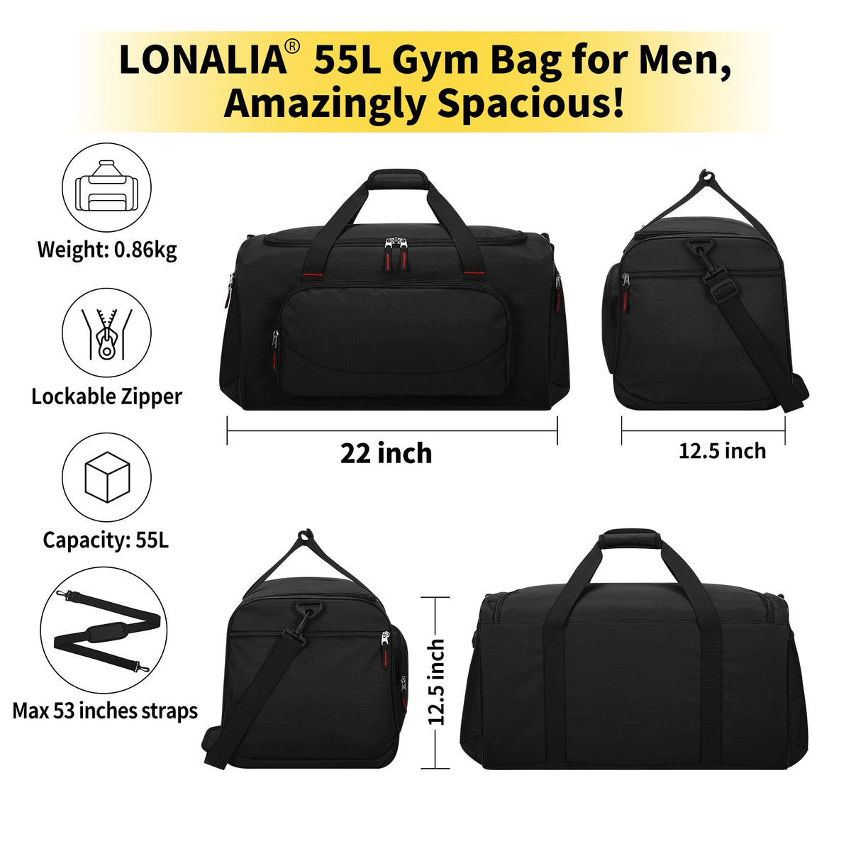 LONALIA 55L Sports Gym Duffle Bag for Men, Black